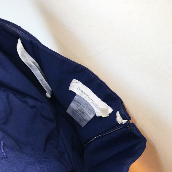 David's Bridal Short Crinkle Chiffon Dress Front Cascade Navy Strapless Mini - Picture 11 of 13